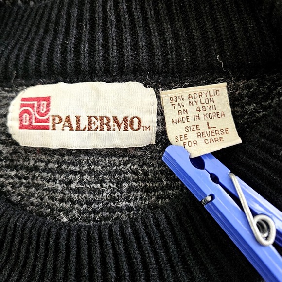 Palmero Men's Vintage Grandpacore Black Sweater LARGE Faux Leather Hipster Cosby - Picture 7 of 8